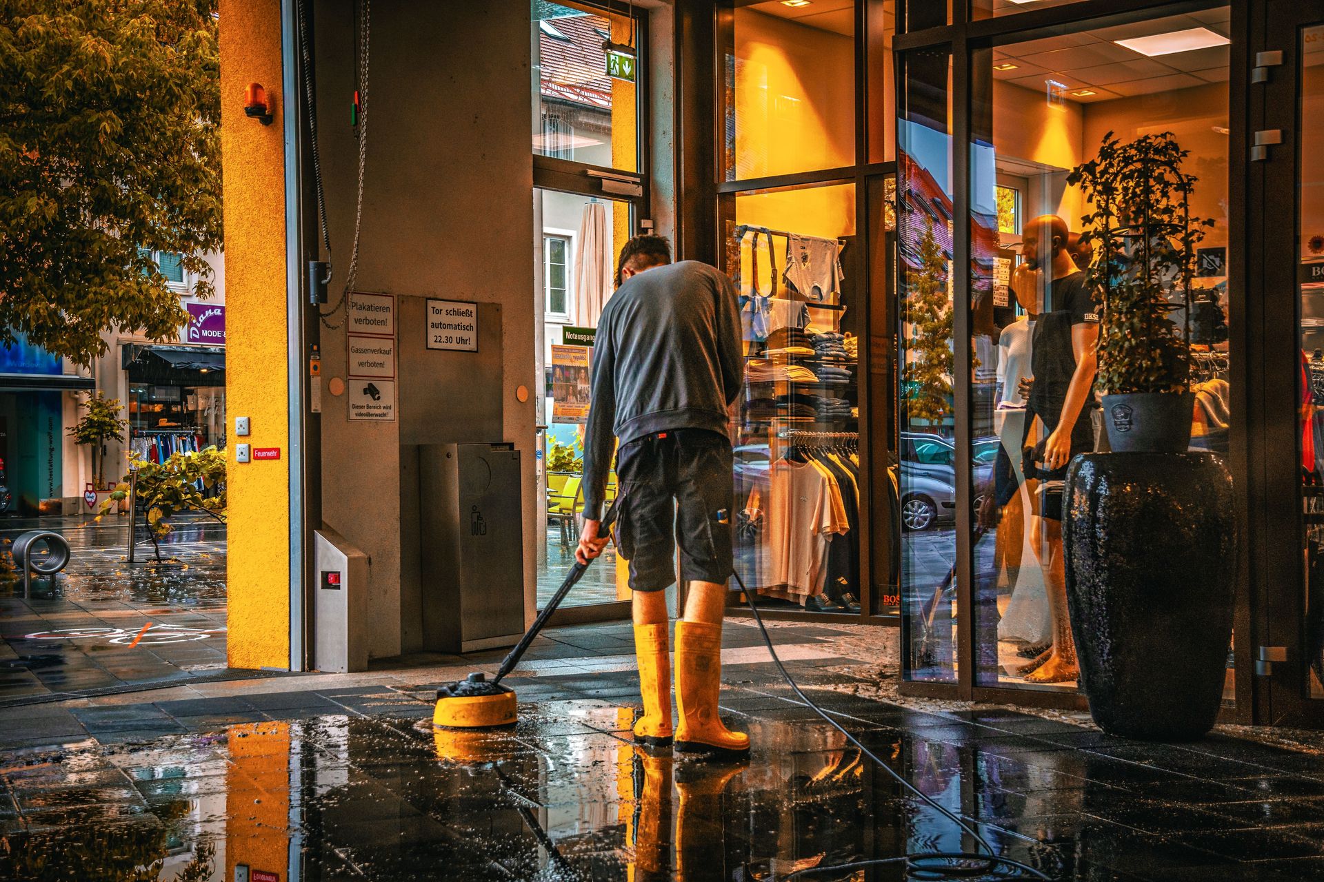 A man cleans the entrance of a store during a rainy day, reflecting urban life.